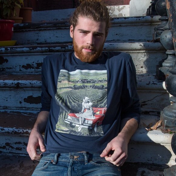 Graphic Tee Art Collage Scenic Nature Navy Longsleeve Handmade Unisex Large - Picture 4 of 10